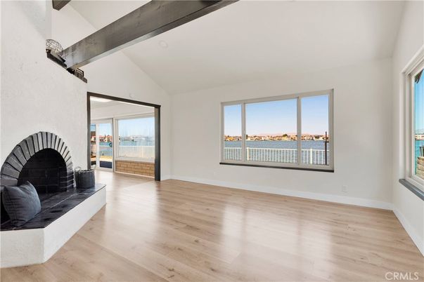 Empty room, Fireplace, Interior, Water, Wooden Beams, Wood Texture Flooring