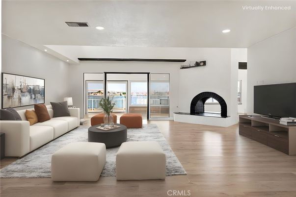 Fireplace, Interior, Living room, Recessed Lighting, Water, Wood Texture Flooring