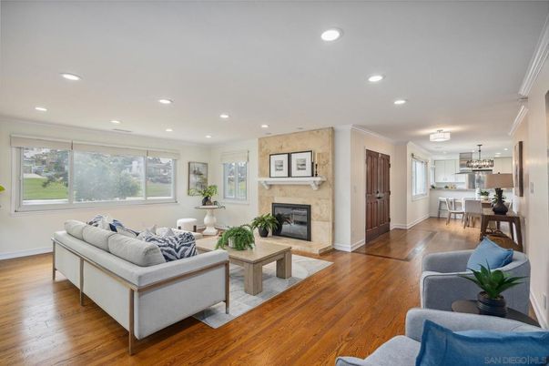 Dining room, Fireplace, Interior, Kitchen, Living room, Recessed Lighting, Wood Texture Flooring