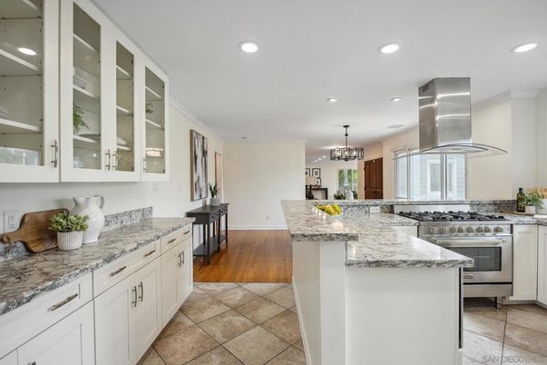 Chandelier, Interior, Kitchen, Recessed Lighting, Stainless Steel Appliances, Wood Texture Flooring