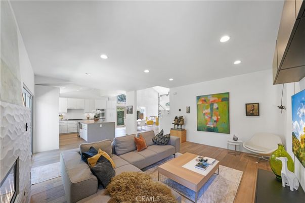 Fireplace, Interior, Kitchen, Living room, Recessed Lighting, Wood Texture Flooring