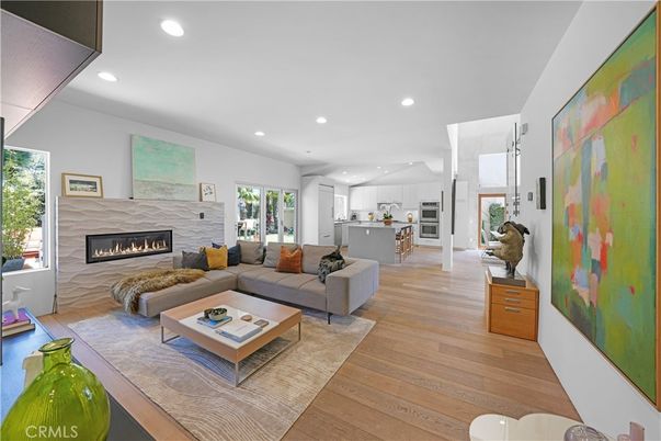 Fireplace, Interior, Kitchen, Living room, Recessed Lighting, Wood Texture Flooring