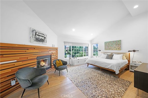 Bedroom, Fireplace, Interior, Recessed Lighting, Wood Texture Flooring, Wooden Walls
