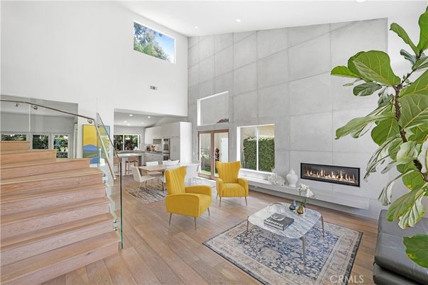 Dining room, Fireplace, Interior, Living room, Recessed Lighting, Wood Texture Flooring