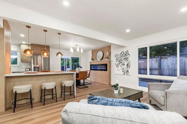Dining room, Fireplace, Interior, Kitchen, Living room, Pendant Lights, Recessed Lighting, Wood Texture Flooring