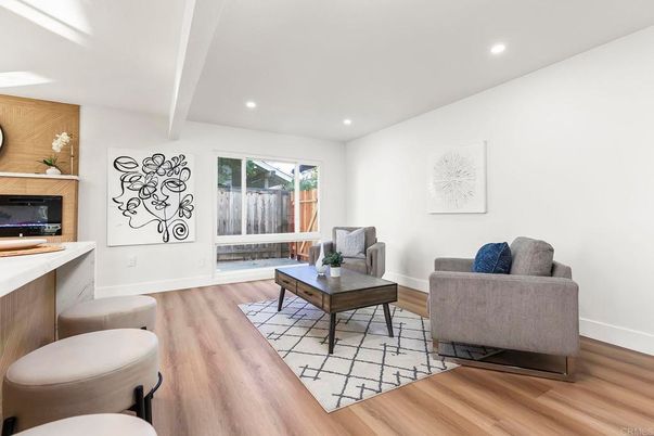 Fireplace, Interior, Living room, Recessed Lighting, Wood Texture Flooring