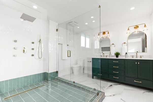 Bathroom, Dual Sink Vanities, Glass Shower, Interior, Marble, Recessed Lighting