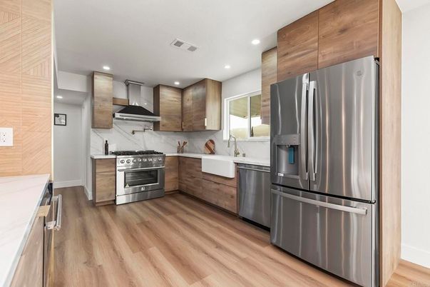 Interior, Kitchen, Recessed Lighting, Stainless Steel Appliances, Wood Texture Flooring