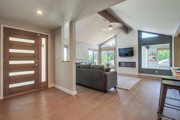 Fireplace, Interior, Living room, Recessed Lighting, Wood Texture Flooring