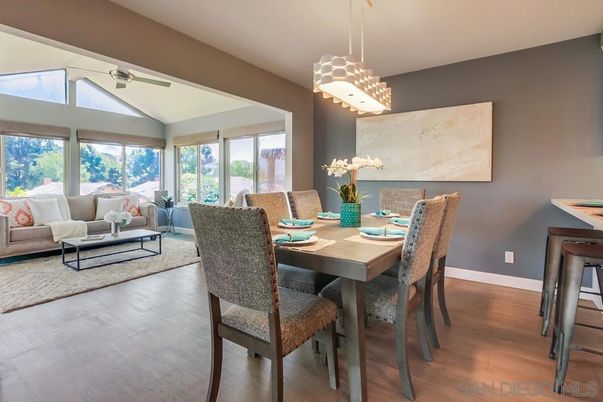 Dining room, Interior, Living room, Pendant Lights, Wood Texture Flooring