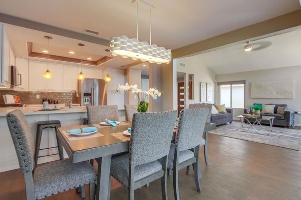 Dining room, Interior, Kitchen, Living room, Pendant Lights, Recessed Lighting, Stainless Steel Appliances, Wood Texture Flooring