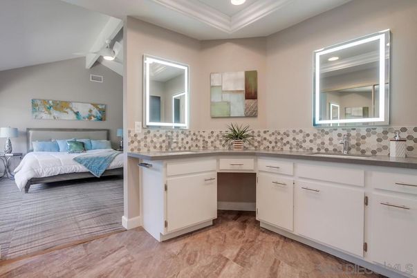 Bathroom, Bedroom, Dual Sink Vanities, Interior, Recessed Lighting, Wood Texture Flooring