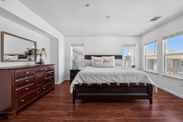 Bedroom, Interior, Recessed Lighting, Wood Texture Flooring