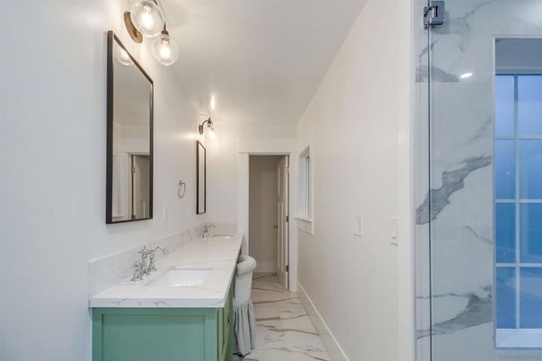 Bathroom, Dual Sink Vanities, Glass Shower, Interior, Marble, Marble Walls