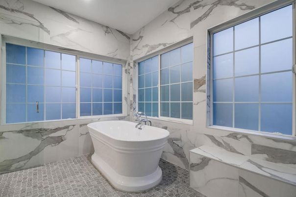 Bathroom, Free Standing Baths, Interior, Marble Walls, Recessed Lighting