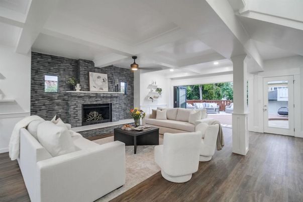 Fireplace, Interior, Living room, Recessed Lighting, Stone Walls, Wood Texture Flooring