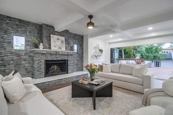 Fireplace, Interior, Living room, Recessed Lighting, Stone Walls, Wood Texture Flooring