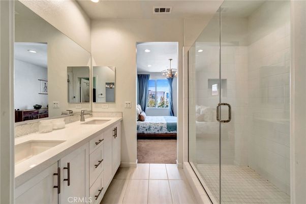 Bathroom, Bedroom, Chandelier, Dual Sink Vanities, Glass Shower, Interior, Recessed Lighting