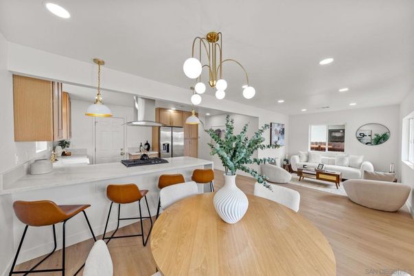 Dining room, Interior, Kitchen, Living room, Pendant Lights, Recessed Lighting, Stainless Steel Appliances, Wood Texture Flooring