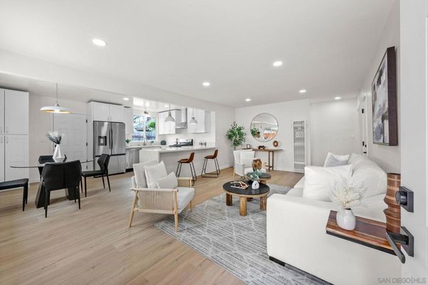 Dining room, Interior, Kitchen, Living room, Pendant Lights, Recessed Lighting, Stainless Steel Appliances, Wood Texture Flooring