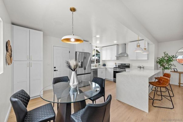 Dining room, Interior, Kitchen, Pendant Lights, Recessed Lighting, Stainless Steel Appliances, Wood Texture Flooring