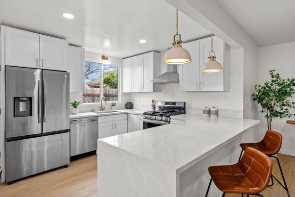 Interior, Kitchen, Pendant Lights, Recessed Lighting, Stainless Steel Appliances, Wood Texture Flooring