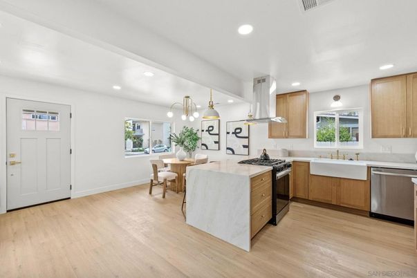 Dining room, Interior, Kitchen, Recessed Lighting, Stainless Steel Appliances, Wood Texture Flooring