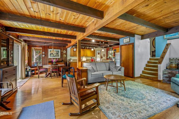 Dining room, Interior, Living room, Pendant Lights, Wooden Beams, Wooden Ceilings, Wood Texture Flooring