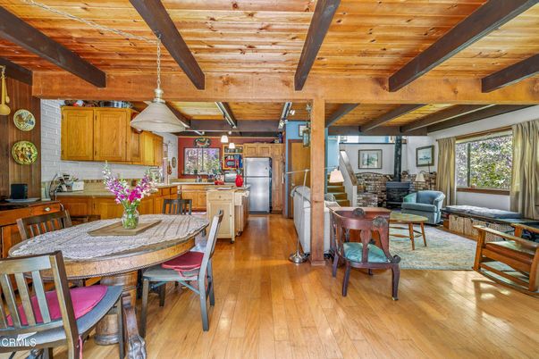 Dining room, Interior, Kitchen, Living room, Pendant Lights, Wooden Beams, Wooden Ceilings, Wood Texture Flooring