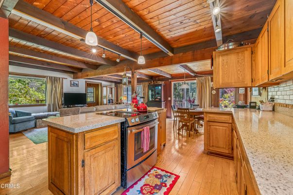 Dining room, Interior, Kitchen, Living room, Pendant Lights, Wooden Beams, Wooden Ceilings, Wood Texture Flooring