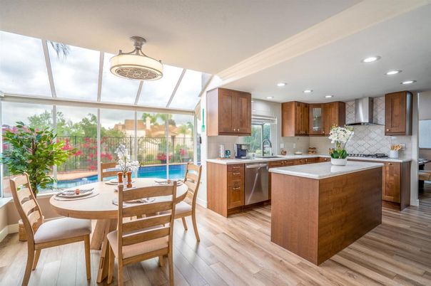 Dining room, Glass Ceilings, Interior, Kitchen, Recessed Lighting, Stainless Steel Appliances, Wood Texture Flooring
