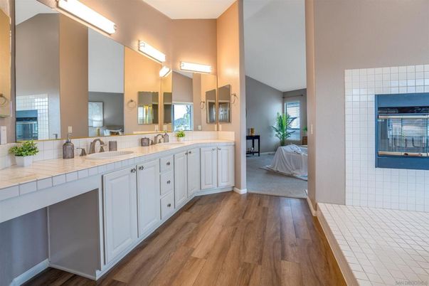 Bathroom, Dual Sink Vanities, Interior, Tile Countertops, Wood Texture Flooring