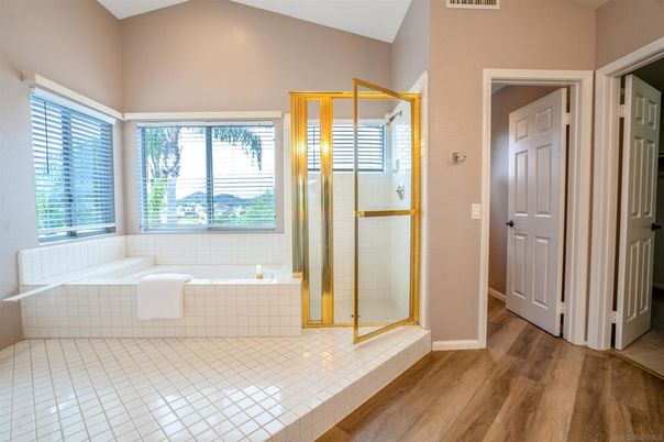 Bathroom, Glass Shower, Interior, Wood Texture Flooring