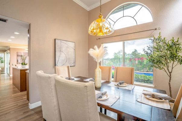 Dining room, Interior, Pendant Lights, Recessed Lighting, Wood Texture Flooring