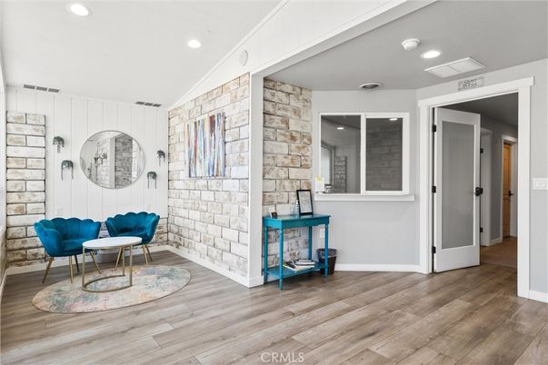 Interior, Recessed Lighting, Stone Walls, Wood Texture Flooring