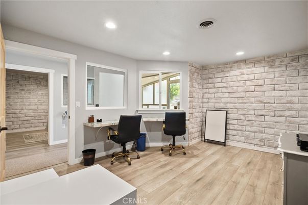 Home Office, Interior, Recessed Lighting, Stone Walls, Wood Texture Flooring