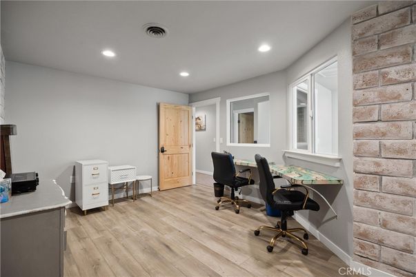 Home Office, Interior, Recessed Lighting, Stone Walls, Wood Texture Flooring