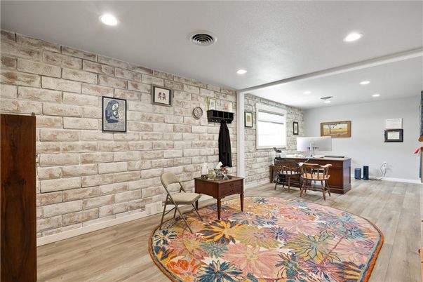 Home Office, Interior, Recessed Lighting, Stone Walls, Wood Texture Flooring