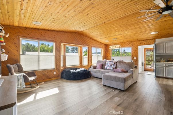 Interior, Living room, Pendant Lights, Recessed Lighting, Wooden Ceilings, Wood Texture Flooring, Wooden Walls