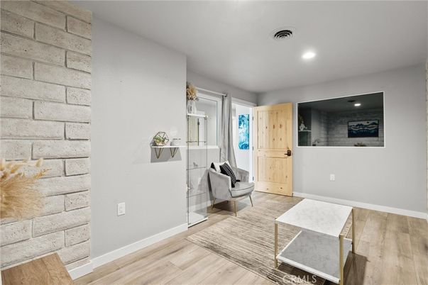 Interior, Recessed Lighting, Stone Walls, Wood Texture Flooring