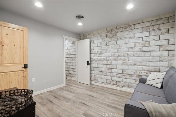 Interior, Recessed Lighting, Stone Walls, Wood Texture Flooring