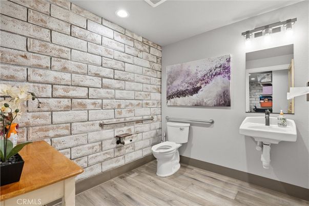 Bathroom, Interior, Recessed Lighting, Stone Walls, Wood Texture Flooring