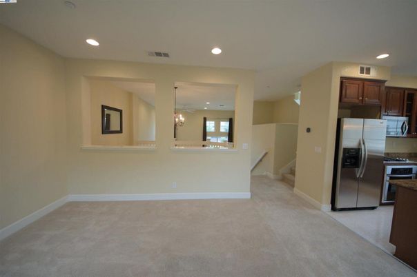 Chandelier, Empty room, Interior, Kitchen, Pendant Lights, Recessed Lighting, Stainless Steel Appliances