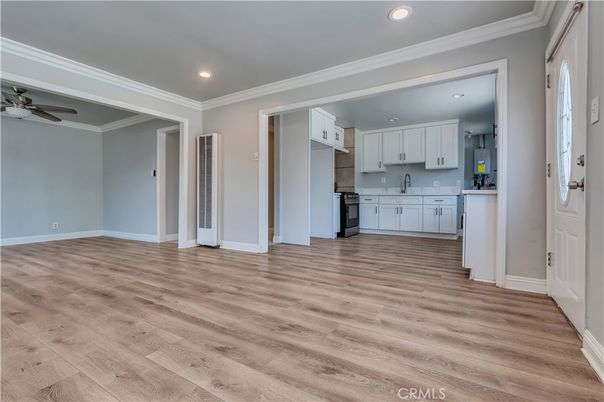 Empty room, Interior, Kitchen, Recessed Lighting, Wood Texture Flooring