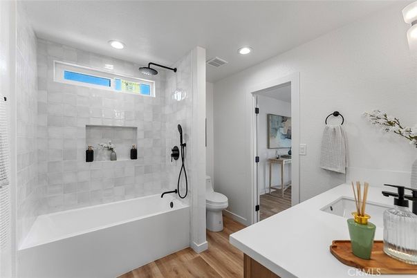 Bathroom, Interior, Recessed Lighting, Wood Texture Flooring