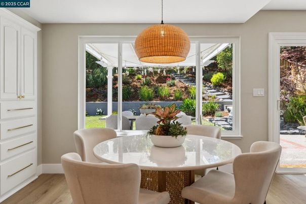 Dining room, Interior, Pendant Lights, Wood Texture Flooring