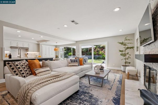 Fireplace, Interior, Kitchen, Living room, Pendant Lights, Recessed Lighting, Wood Texture Flooring