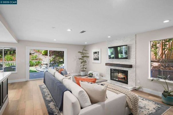 Fireplace, Interior, Living room, Recessed Lighting, Wood Texture Flooring