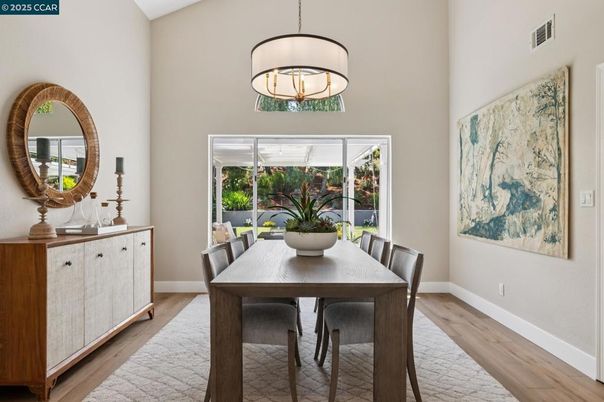 Dining room, Interior, Pendant Lights, Wood Texture Flooring
