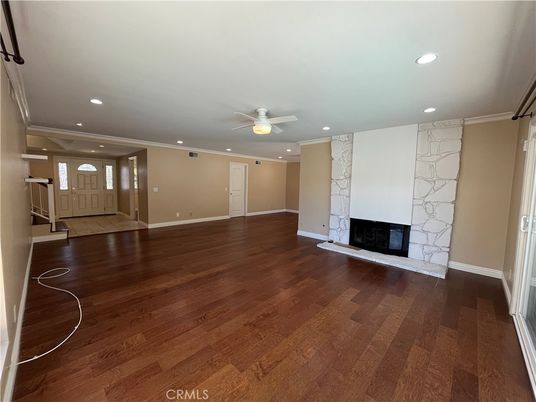 Empty room, Fireplace, Interior, Recessed Lighting, Wood Texture Flooring